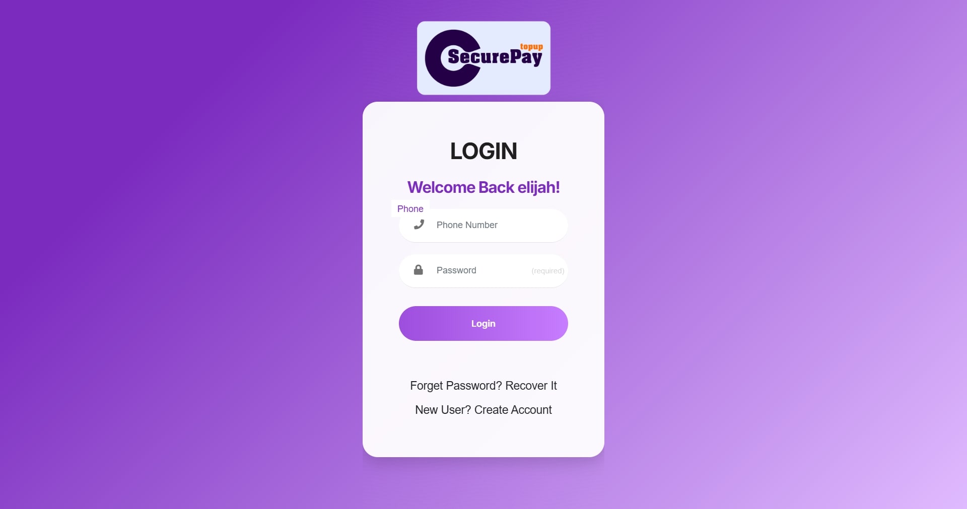 SecurePayTopup VTU Login Page
